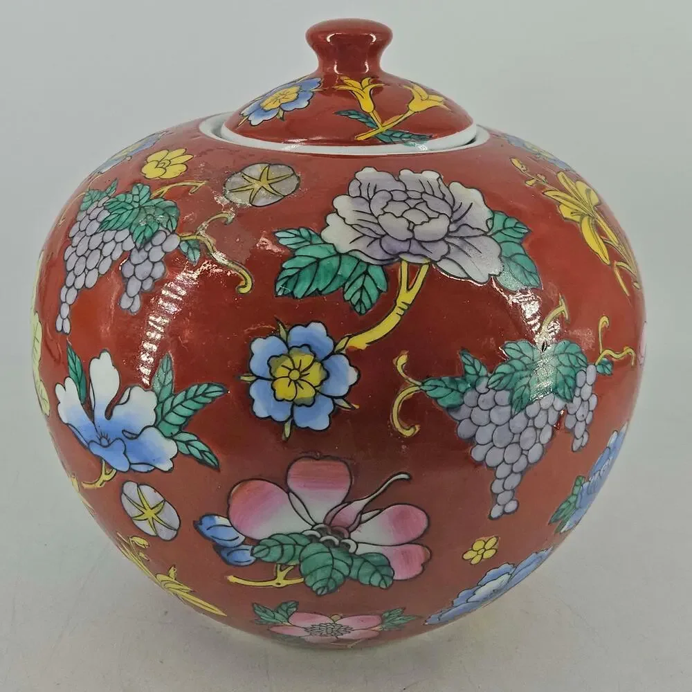 Mann China Blue porcelain ginger jar red ground polychrome floral design